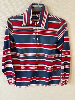 Women's Vintage 1970s Long-Sleeve Striped Polo Tee - Navy, Red & White